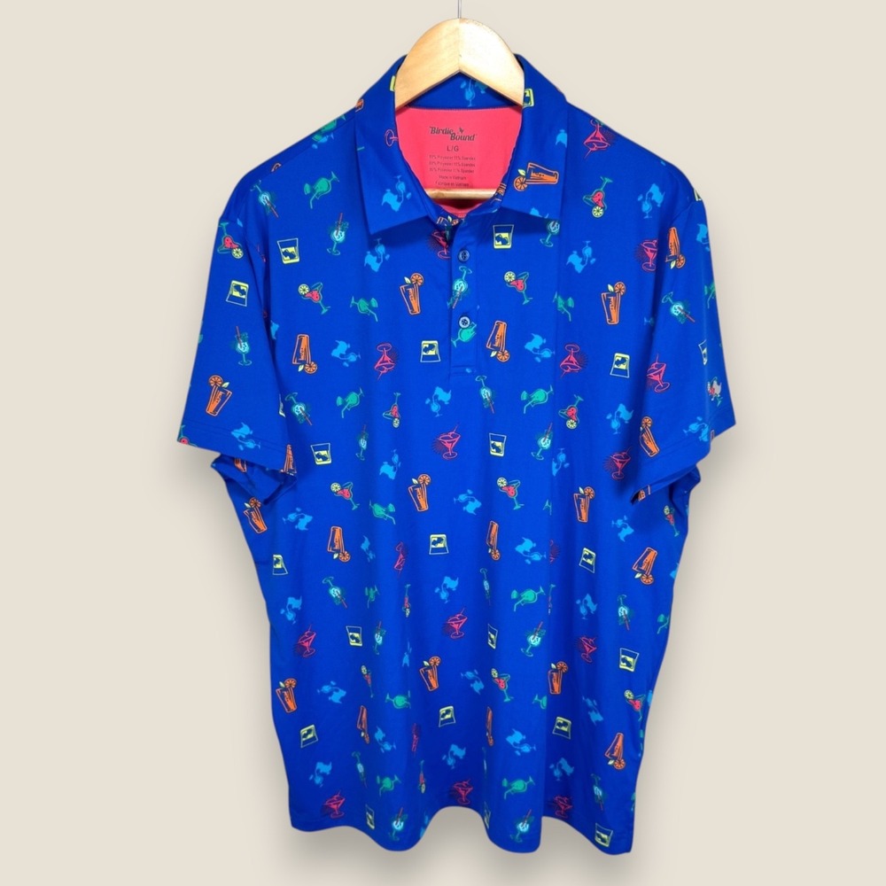 Birdie Bound Cocktail All Over Print Polo Shirt Men Large Blue AOP Performance